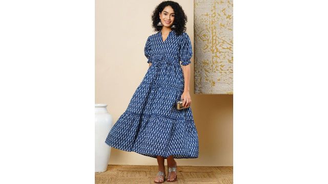 Globus Mandarin Collar Puff Sleeves Ethnic Motifs Tiered Fit & Flare Fusion Maxi Dress