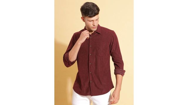 HERE&NOW Spread Collar Slim Fit Corduroy Casual Shirt (Maroon)