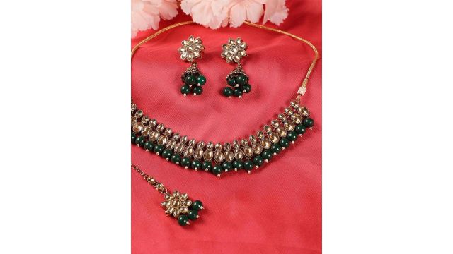 Jazz and Sizzle Gold‑Plated Green Kundan Beaded Choker Set