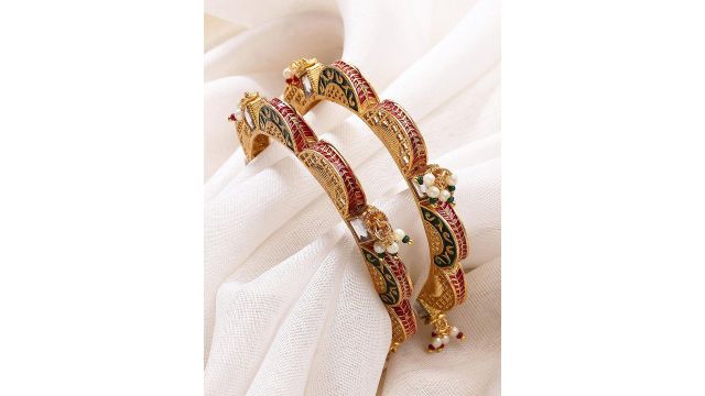 KARATCART Pack Of 2 Gold-Plated White & Green Stone Studded & Beaded Bangles