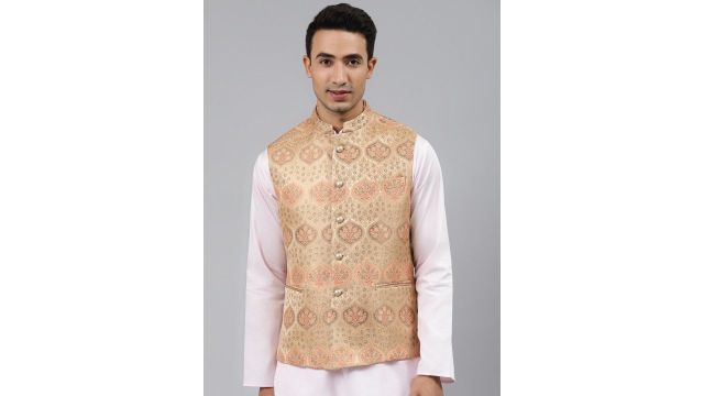 MANQ Men Peach Woven Jaquard Silk Nehru Jacket