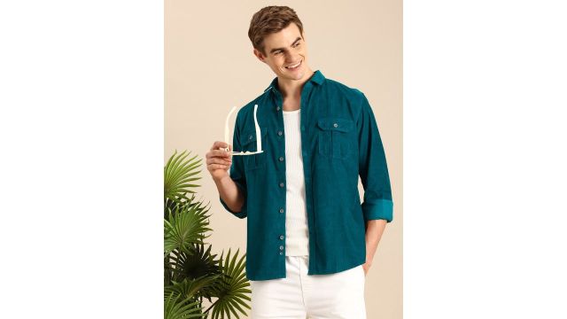 Mast & Harbour Men Standard Fit Corduroy Cotton Shirt (Teal)