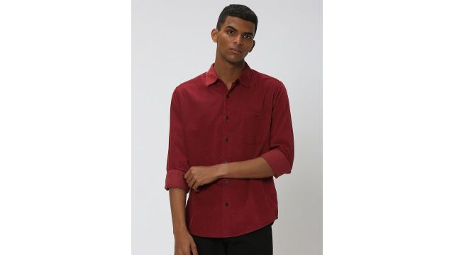 Mufti Spread Collar Slim Fit Cotton Corduroy Shirt (Maroon)