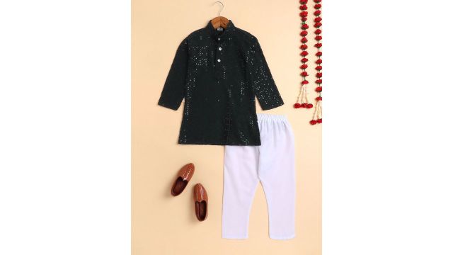 Sangria Boys Sequined Chikankari Kurta with Pyjamas (Green/White)