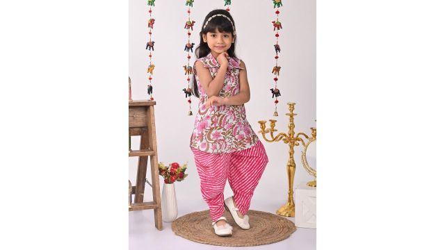 Sangria Girls Pink Pure Cotton Kurti with Dhoti Pants