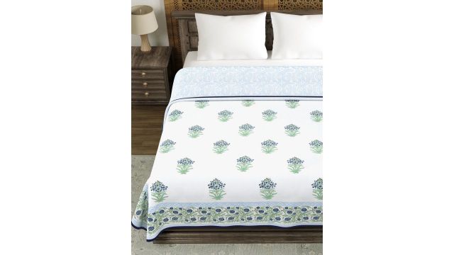 Sangria White & Blue Ethnic Motifs Printed Pure Cotton 150 GSM Double Bed Dohar