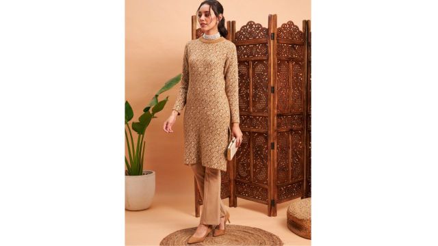 Shae by SASSAFRAS Beige Abstract Self Design Woolen Straight Kurta