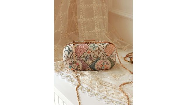 THE TAN CLAN Mughal Embroidered Box Clutch (White/Green/Blue)