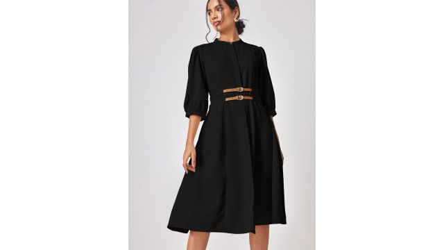 The Label Life Women Puff Sleeve Double Belted A-Line Dress