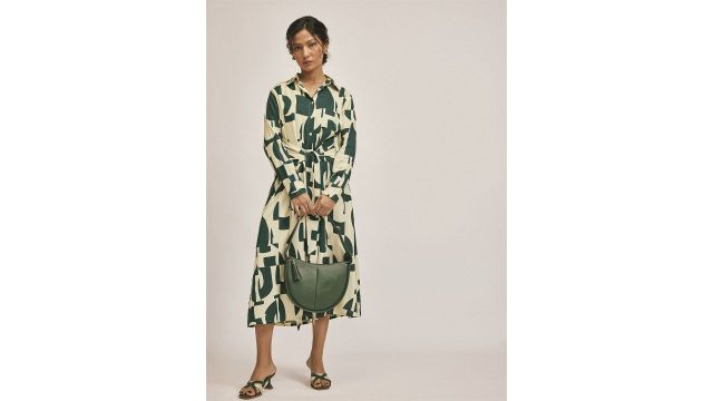 The Label Life Women Teal And Ecru Abstract Printed Shirt Midi Dress