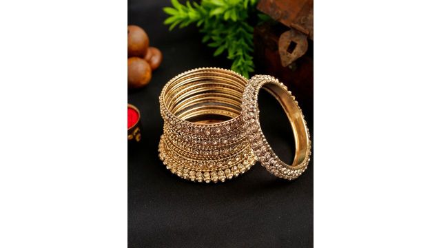 YouBella Set of 14 Antique Gold-Plated Stone-Studded Textured Bangles