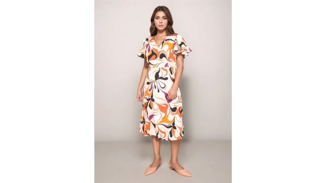 Zink London Beige Floral Straight Fit Midi Dress