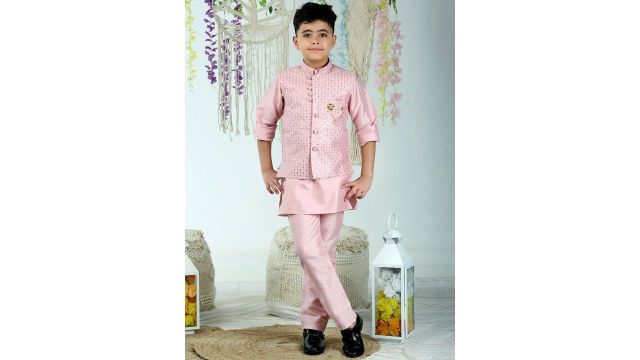ahhaaaa Boys Kurta, Trousers & Nehru Jacket Set (Pink)